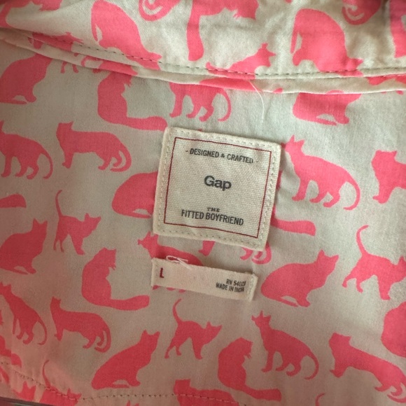 GAP | Neon Pink Novelty Cat Print Women’s Boyfriend Button Down Shirt | L - Picture 6 of 7